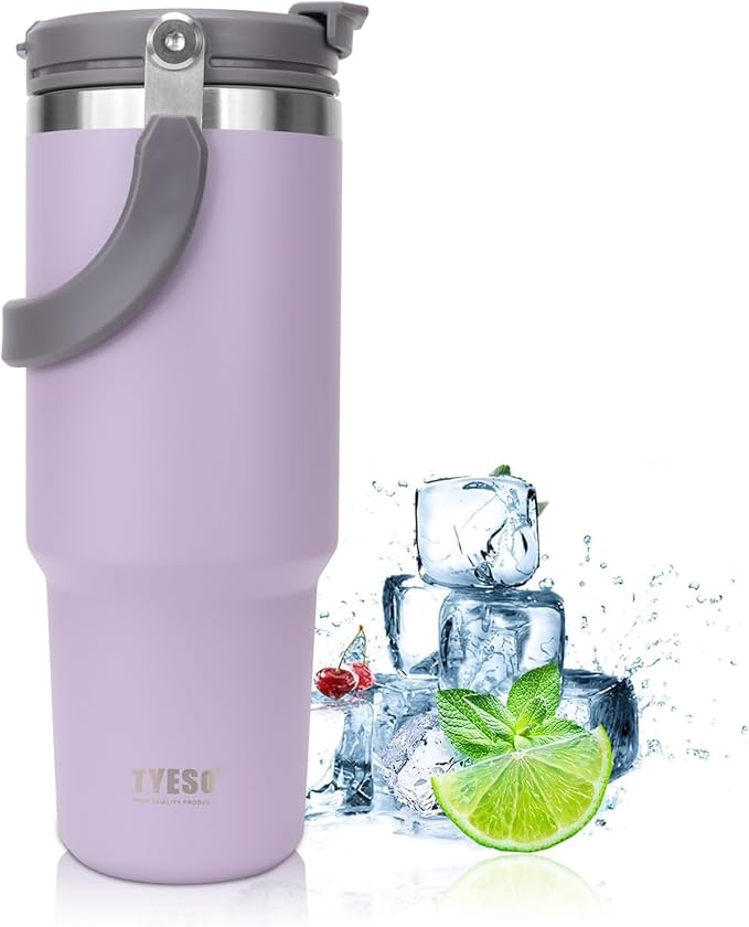 TYESO 30oz Tumbler with Handle and Straw Lid, Insulated Stainless Steel Double Walled Vacuum Water Bottle for Office, Home, Sport or Car, Travel Mug for Hot and Cold
